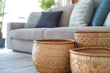 Fototapeta premium Modern cozy interior with wicker baskets near the sofa. Ecological solutions in everyday life.