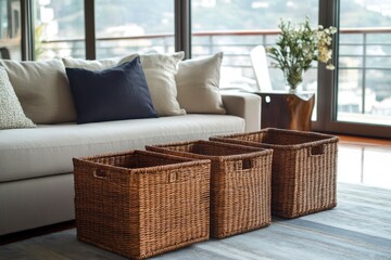 The decor of a cozy living room is decorative rattan baskets.  Ecological solutions in everyday life. 