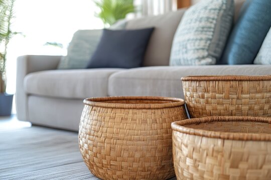 Modern cozy interior with wicker baskets near the sofa. Ecological solutions in everyday life.