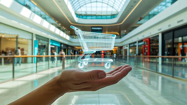 Futuristic hologram shopping cart above hand in modern shopping mall