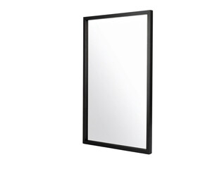 Angled Tall Black Mirror with Thin Frame, Leaning Slightly Back, Cast Shadow, White Background
