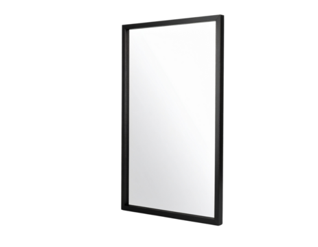 Angled Tall Black Mirror with Thin Frame, Leaning Slightly Back, Cast Shadow, White Background