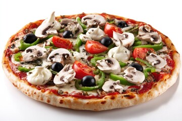Round pizza, topped with mushrooms, olives, peppers, tomatoes, and cheese