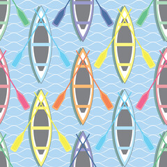 Raster illustration. colorful boats on lake textured background. seamless repeat pattern.