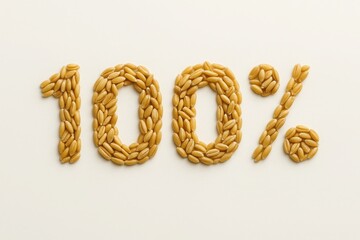Obraz premium Wheat grains forming 100 percent symbol on white background with realistic golden texture natural organic food concept clean composition with space for text for business and advertising