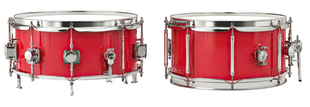 Two vibrant red snare drums, side-by-side