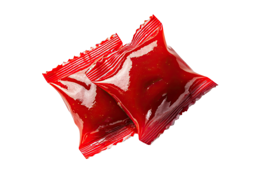 Two red plastic pouches, likely containing a sauce, overlap against a black background.  The pouches are glossy and appear filled with a vibrant, reddish-orange liquid or paste