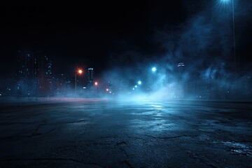 Empty city street at night, illuminated by blue and red lights