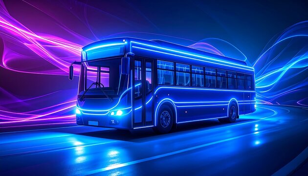 Futuristic bus on a vibrant, neon highway - Powered by Adobe