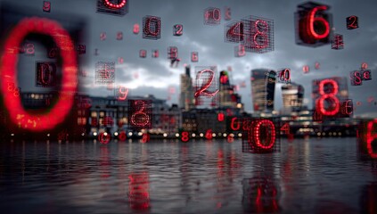 Red digital numbers float over a cityscape at night