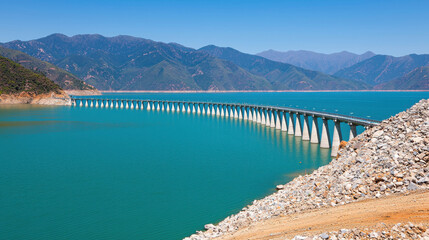 Obraz premium Stunning Modern Bridge Over Clear Blue Water Surrounded by Scenic Mountains and Rocky Shoreline Under a Bright Sunny Sky