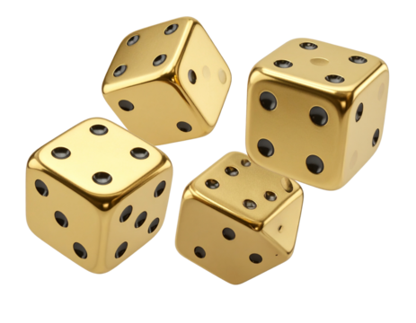 Golden Ludo Dice in Dynamic Mid-Air Toss, Shadows Below, Isolated on White