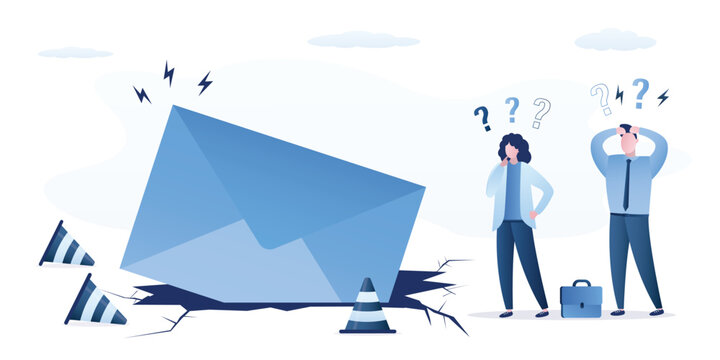 Failed advertising campaign. Advertising mailing failed, email is in hole. Unhappy businessmen made mistake. Negative feedback. Promotion failed, no results in business