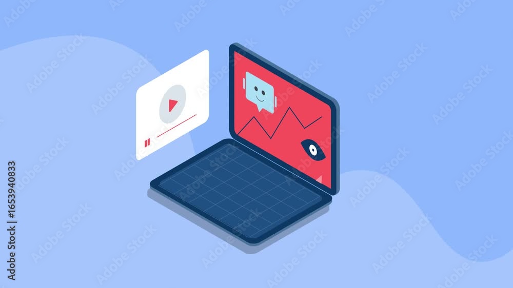Aufkleber virtual ai assistant display video content view and engagement data on laptop screen, tracking audie