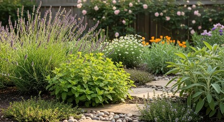 Herb Garden Path with Lavender, Mint, and Sage in Full Bloom on a Sunny Day