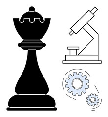 Chess piece symbolizing strategy paired with a microscope for research and cogs representing innovation. Ideal for science, strategy, innovation, leadership, education, problem-solving, and growth