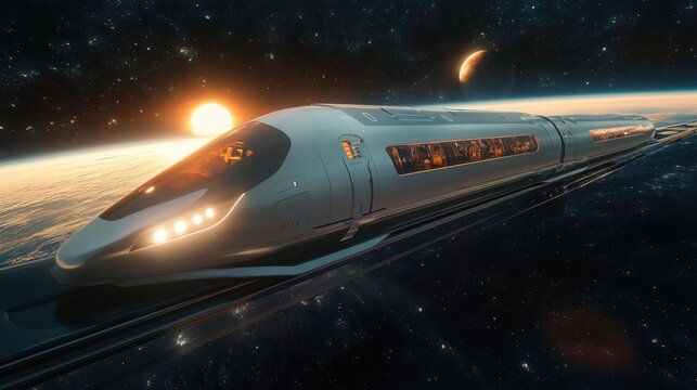 High-speed train soaring through space with Earth rising against a stunning cosmic backdrop