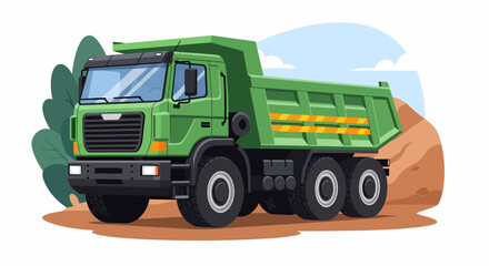 Green dump truck on dirt road, ready for hauling, near sand pile.
