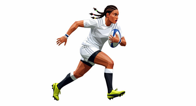 A female rugby player powerfully runs with the ball, showcasing athleticism and determination.