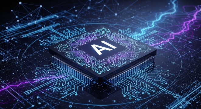 Close-up of a microchip with AI text on a circuit board with neon lights and purple lightning bolts on a dark background.