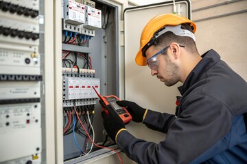 Professional electrician in safety helmet testing electrical panel with multimeter in industrial facility