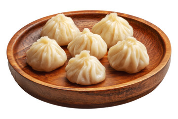 Fototapeta premium Steamed Chinese dumplings dim sums arranged on wooden plate, isolated on white transparent background, concept of Asian cuisine