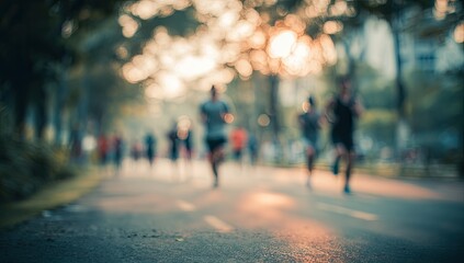 Fototapeta premium Blurry runners in a park at sunrise