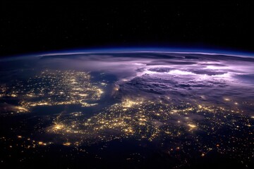 Obraz premium Earth At Night With City Lights And Lightning Storm