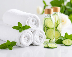 Natural Skincare and Spa Concept. A refreshing composition with cucumber and mint infused water, rolled white towels, and essential oils for beauty treatments.