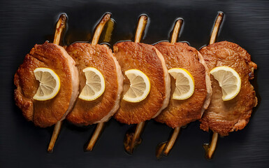 Front View of Long-Formed Meat Cutlets with Lemon Slices.
