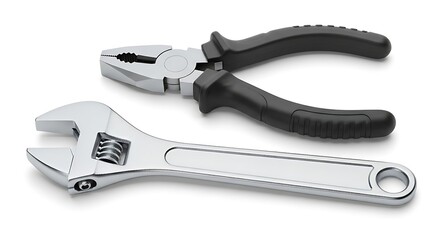 Obraz premium Adjustable wrench and pliers are isolated on white background for repair work