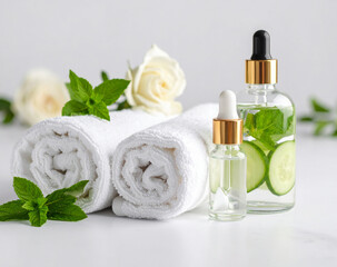 Natural Skincare and Spa Concept. A refreshing composition with cucumber and mint infused water, rolled white towels, and essential oils for beauty treatments.