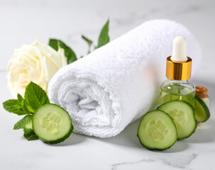 Natural Skincare and Spa Concept. A refreshing composition with cucumber and mint infused water, rolled white towels, and essential oils for beauty treatments.