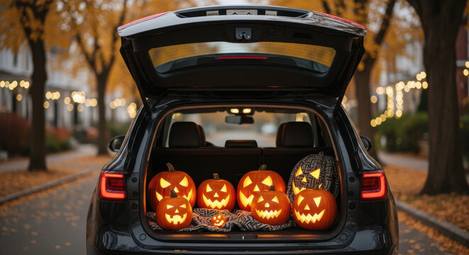 Car trunk filled with glowing carved halloween pumpkins on a street lined with autumn trees