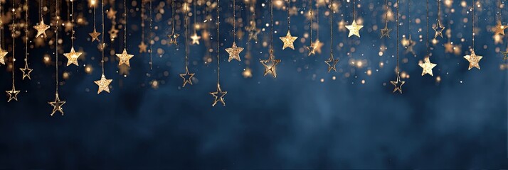 Golden Stars Hanging Against a Dark Blue Background