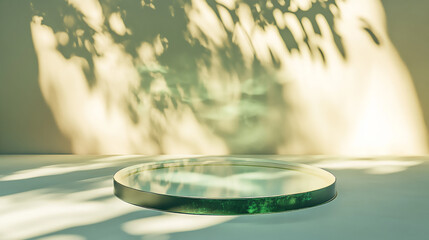 A circular glass podium with dual-tone reflections of green and gold, set against a soft beige background. Light passes through, casting elegant patterns on the surface below. 