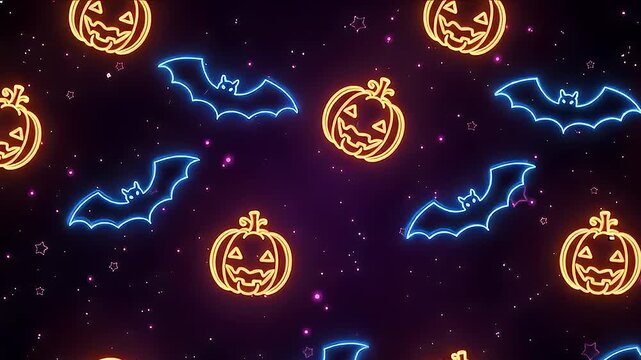 A vibrant Halloween pattern of glowing neon orange jack-o'-lanterns and blue bats on a dark, starry background.