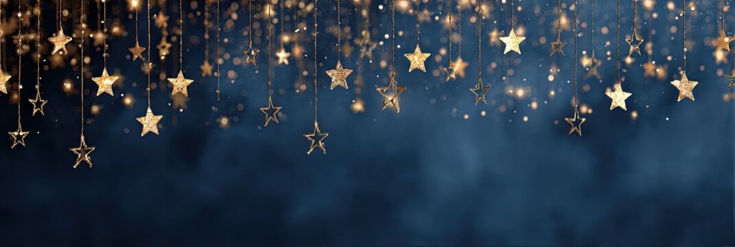 Golden Stars Hanging Against a Dark Blue Background