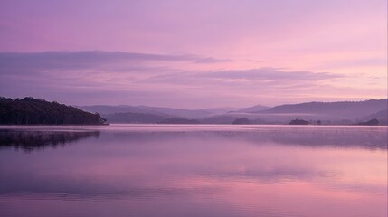 Obraz premium Serene lake at dawn, hues of lavender and rose
