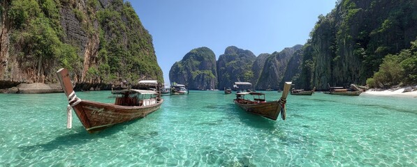 Crystal-clear turquoise water, traditional longtail boats, and dramatic limestone cliffs