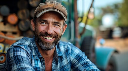 Portrait of a smiling bearded man wearing a cap with a blurred background of metal pipes and parts, suggesting an industrial or outdoor work environment. 