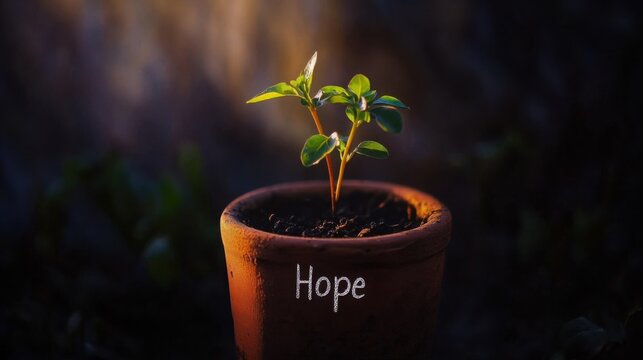 Fototapeta A young plant shoot grows from a clay pot labeled Hope, illuminated by rays of light. The dark background enhances the theme of optimism and the promise of future growth and improvement.