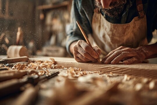 A woodworker meticulously marks a piece of wood