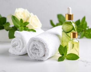 Natural Skincare and Spa Concept. A refreshing composition with cucumber and mint infused water, rolled white towels, and essential oils for beauty treatments.