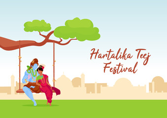 Hartalika teej festival poster flat vector template