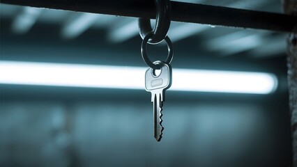 A single key hanging from a chain in a dimly lit industrial setting