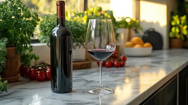 Luxury wine glass and bottle on elegant marble counter for sophisticated dining experience