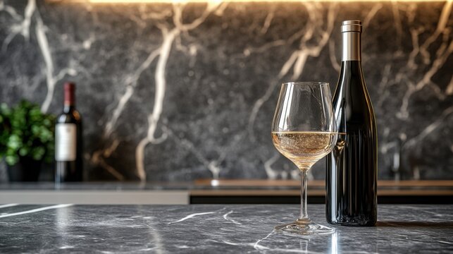 Luxury wine glass and bottle on elegant marble counter for sophisticated dining experience