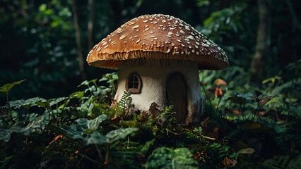 Whimsical Mushroom House in Enchanted Forest Setting.