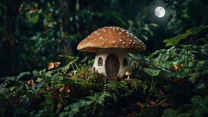 Whimsical Mushroom House in Enchanted Forest Setting.